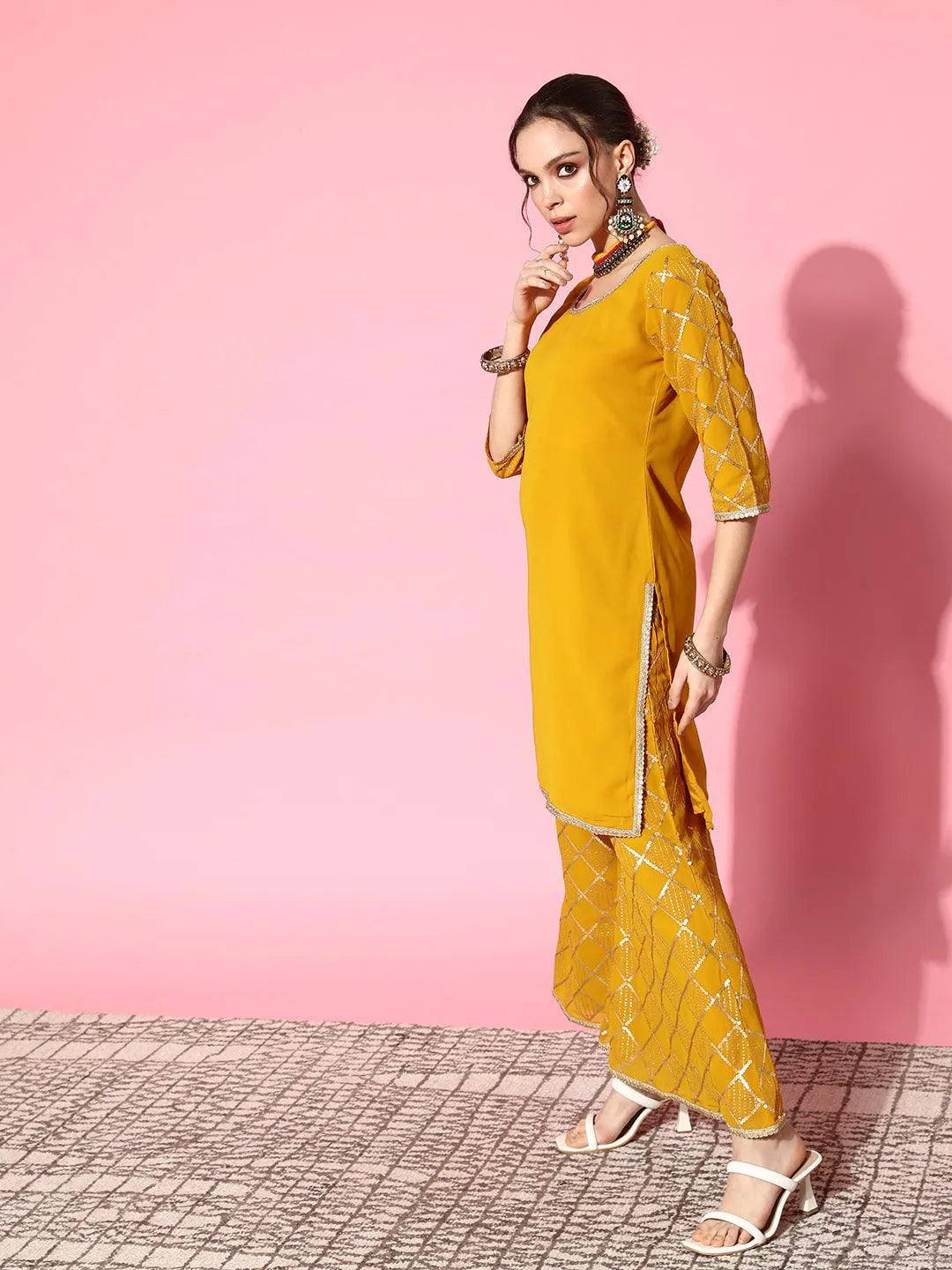 Yellow Solid Georgette Straight Suit Set With Palazzos - Libas 