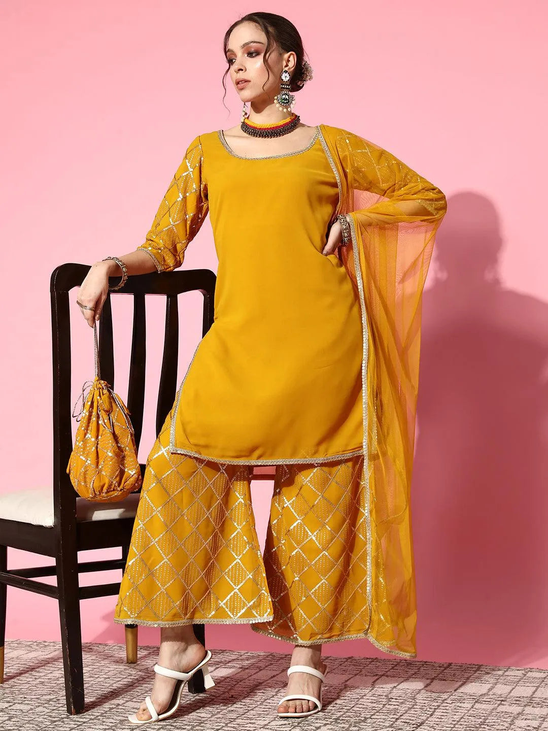 Yellow Solid Georgette Straight Suit Set With Palazzos - Libas 