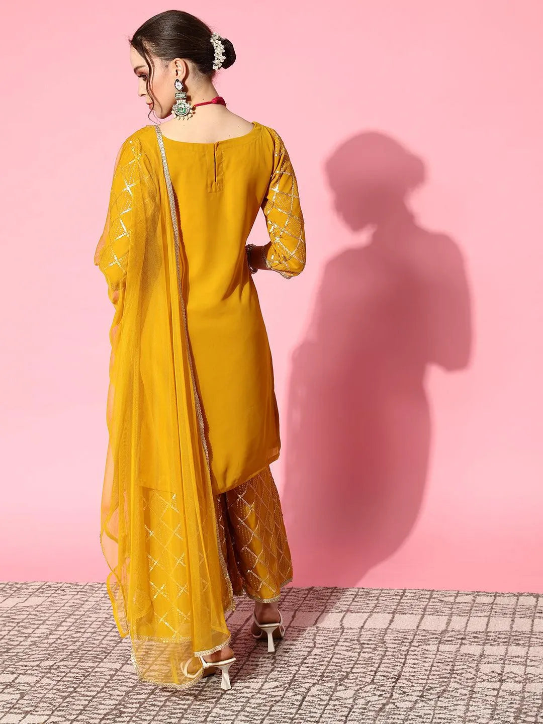 Yellow Solid Georgette Straight Suit Set With Palazzos - Libas 