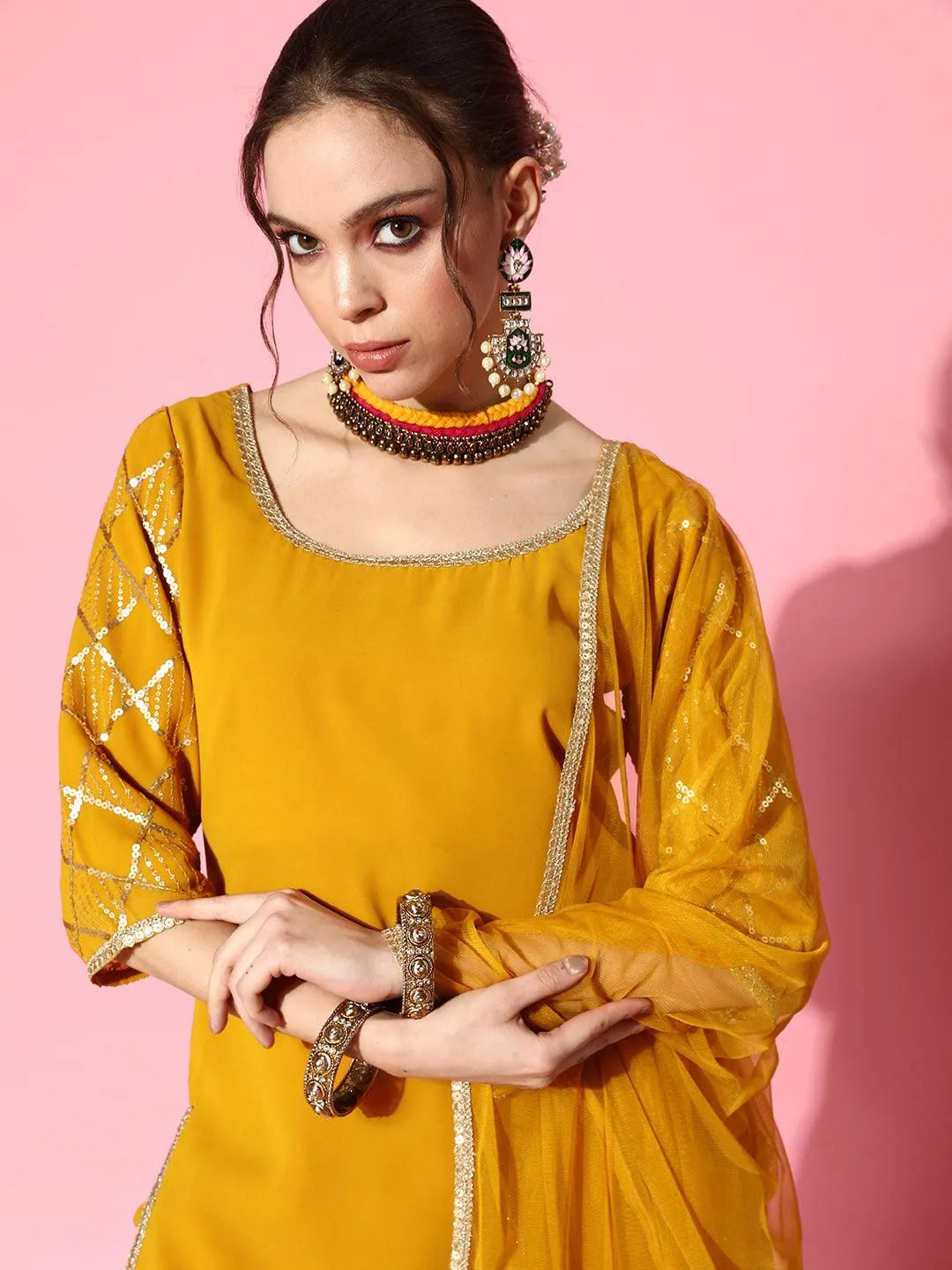 Yellow Solid Georgette Straight Suit Set With Palazzos - Libas 