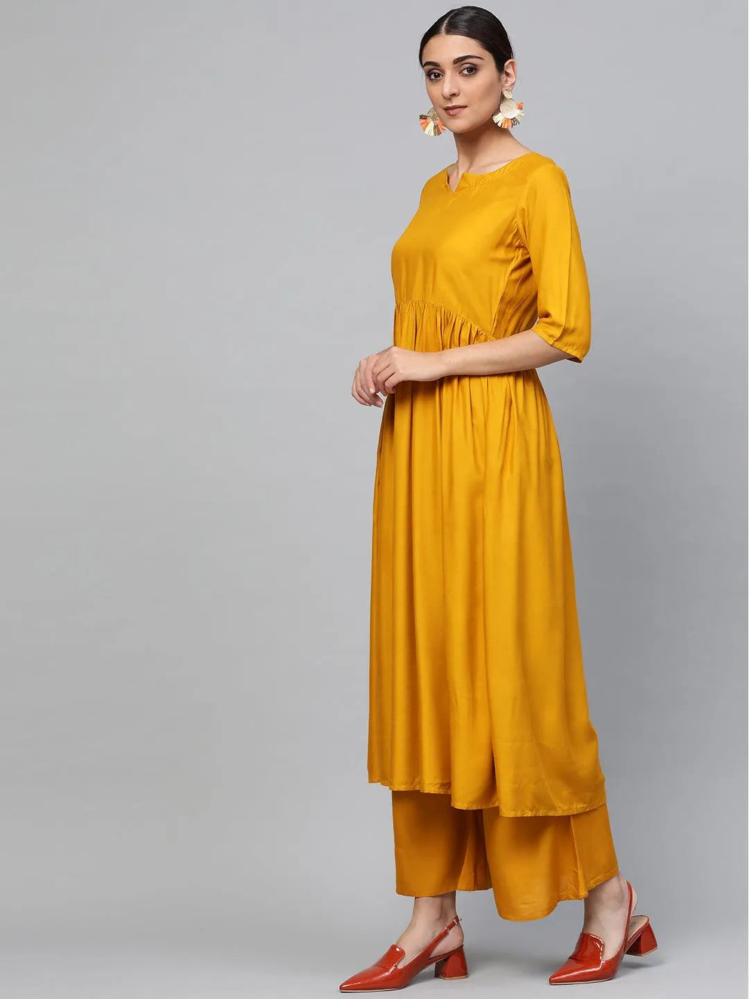 Yellow Solid Rayon Suit Set - Libas