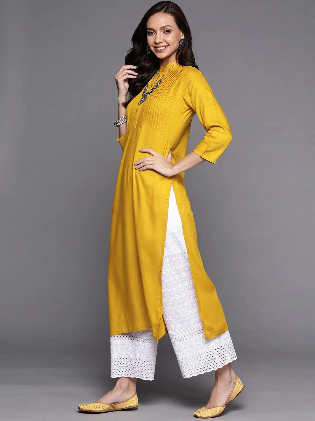 Yellow Solid Rayon Kurta - Libas 