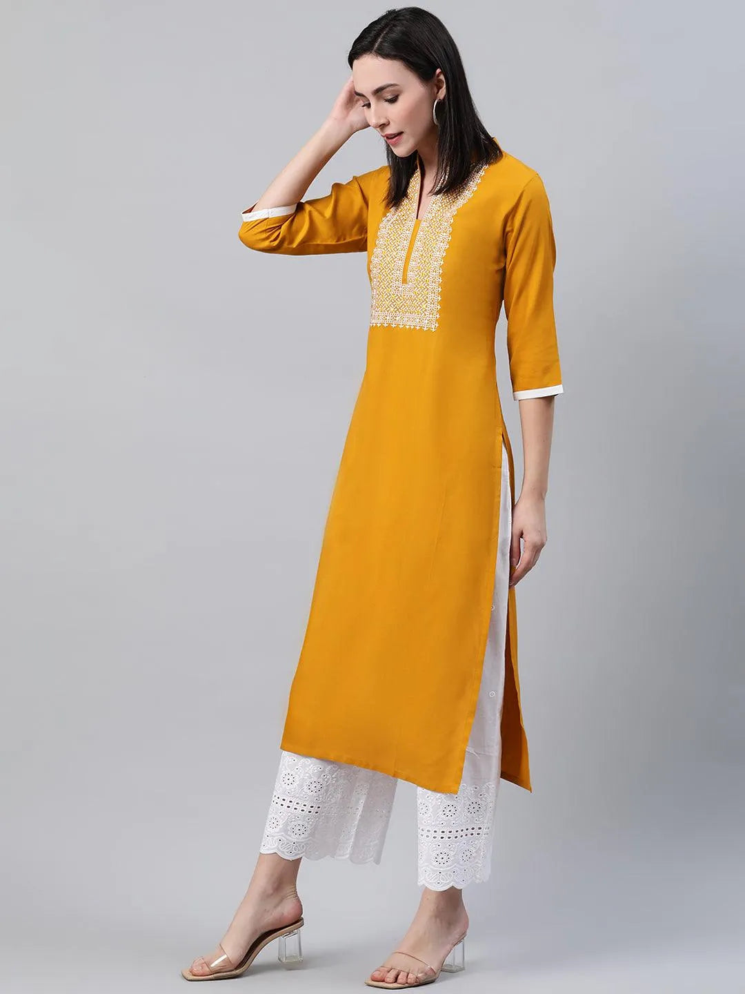 Yellow Solid Rayon Kurta - Libas