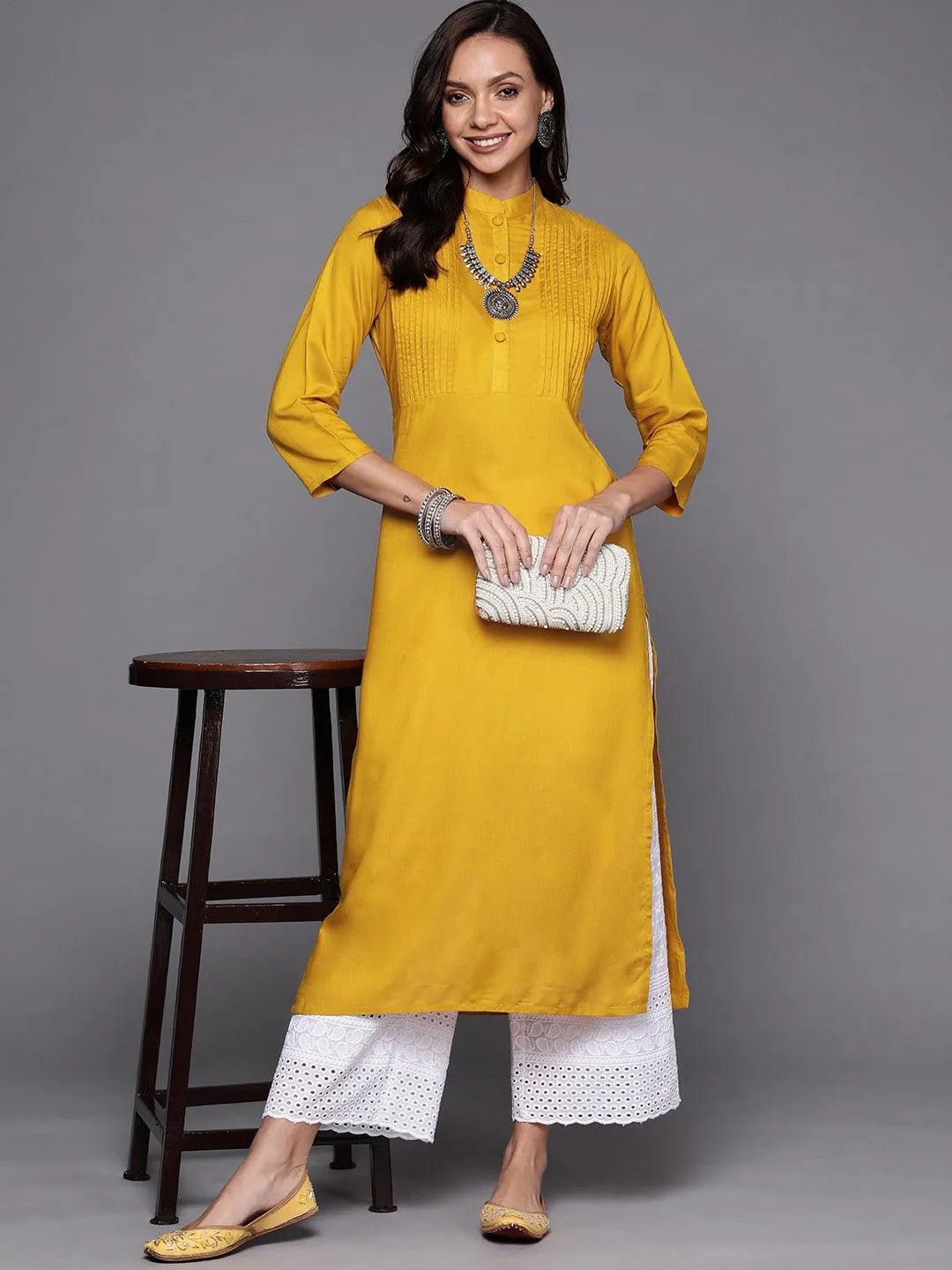 Yellow Solid Rayon Kurta - Libas