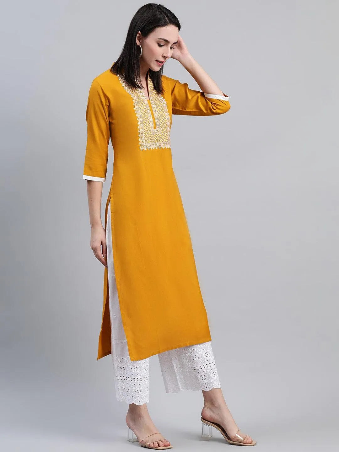 Yellow Solid Rayon Kurta - Libas