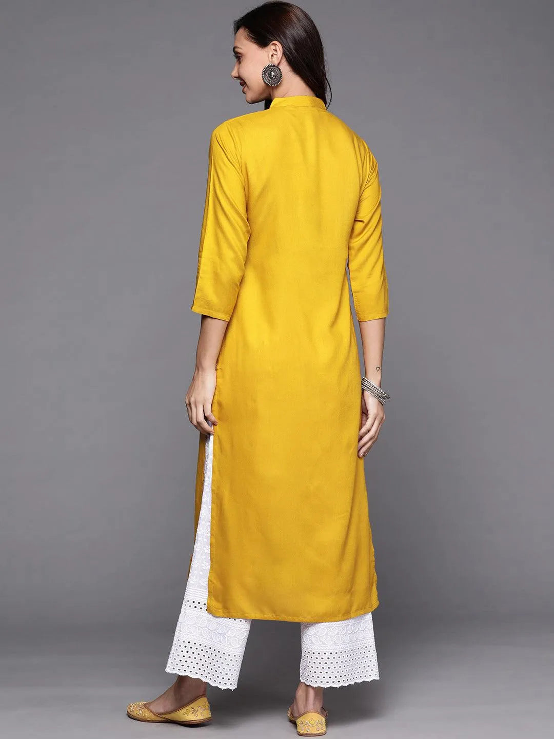 Yellow Solid Rayon Kurta - Libas 