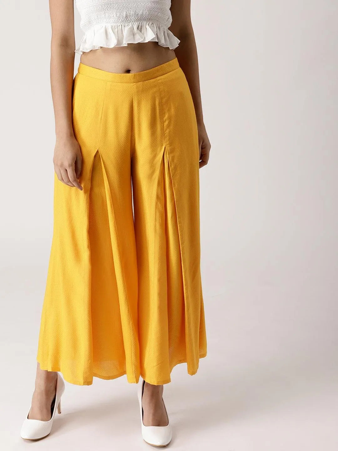 Yellow Solid Rayon Palazzos - Libas 