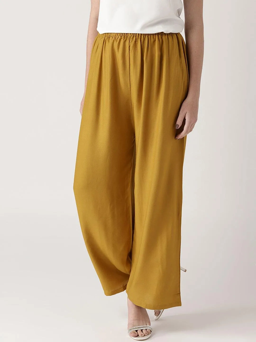 Yellow Solid Rayon Palazzos - Libas 