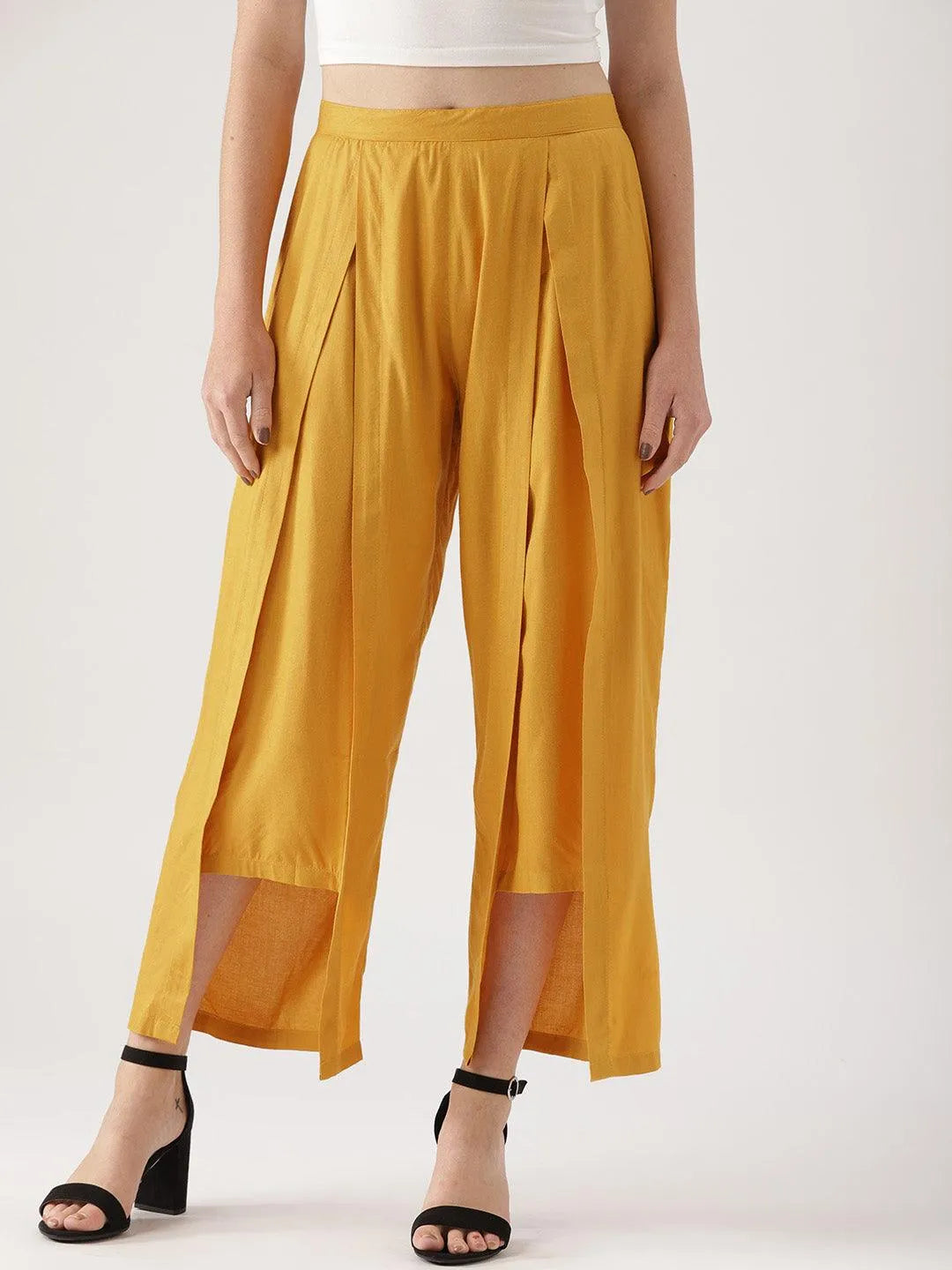 Yellow Solid Rayon Palazzos - Libas