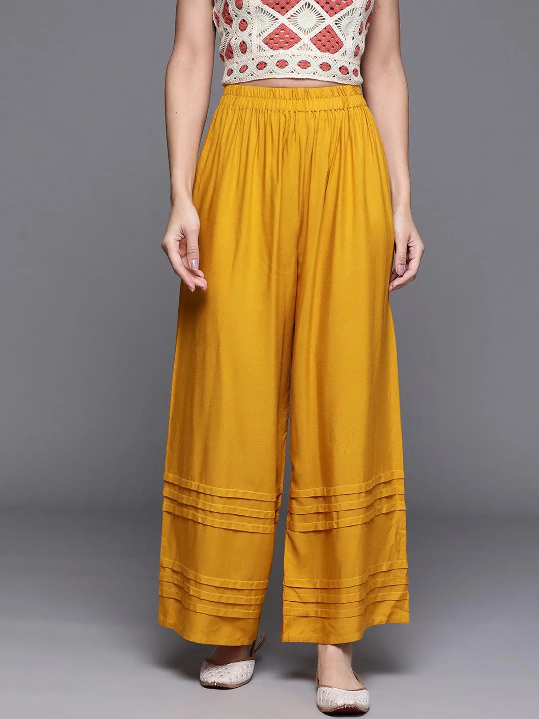 Yellow Solid Rayon Palazzos - Libas 