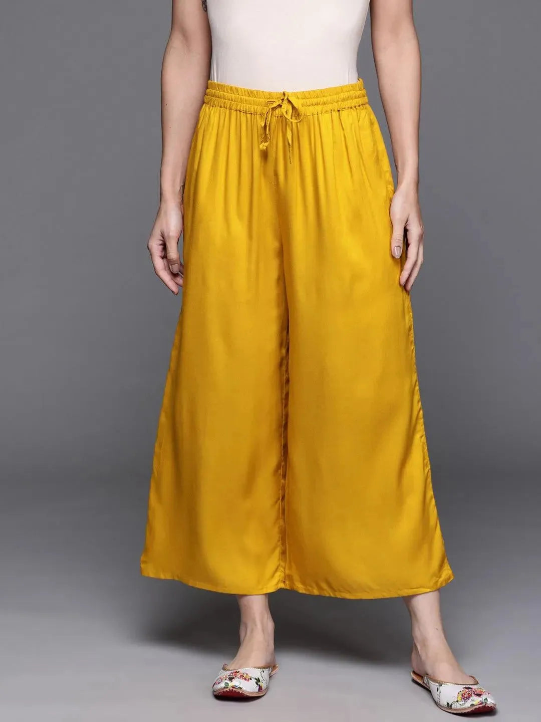 Yellow Solid Rayon Palazzos - Libas 