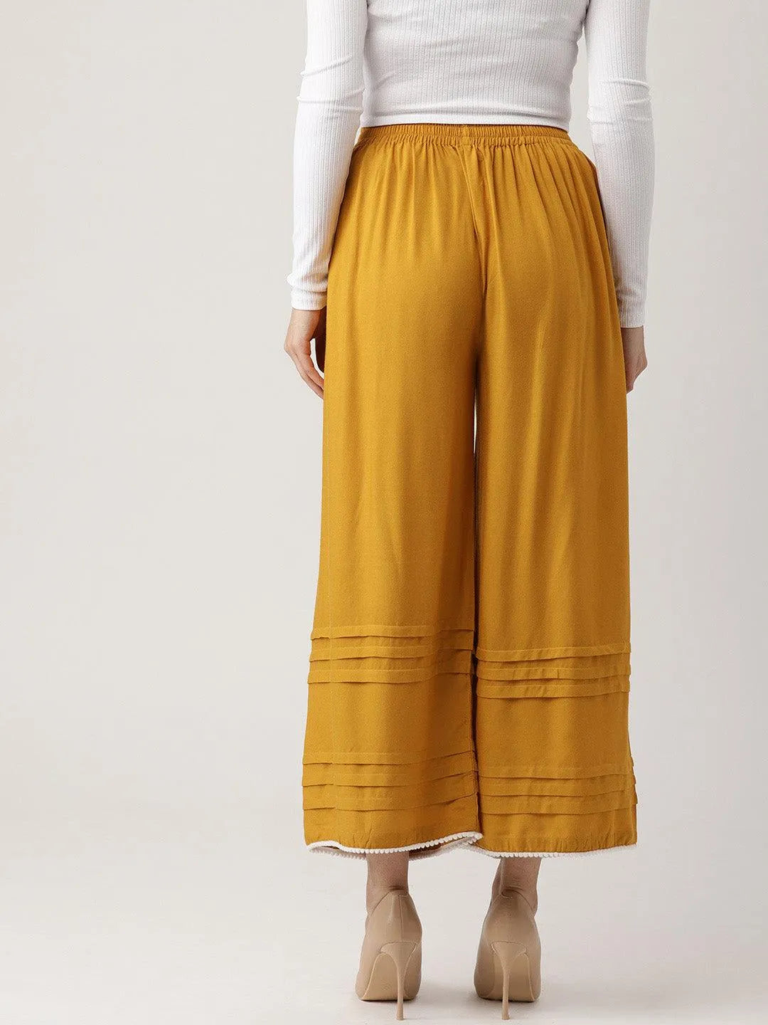 Yellow Solid Rayon Palazzos - Libas