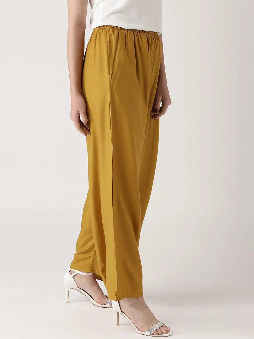 Yellow Solid Rayon Palazzos - Libas 