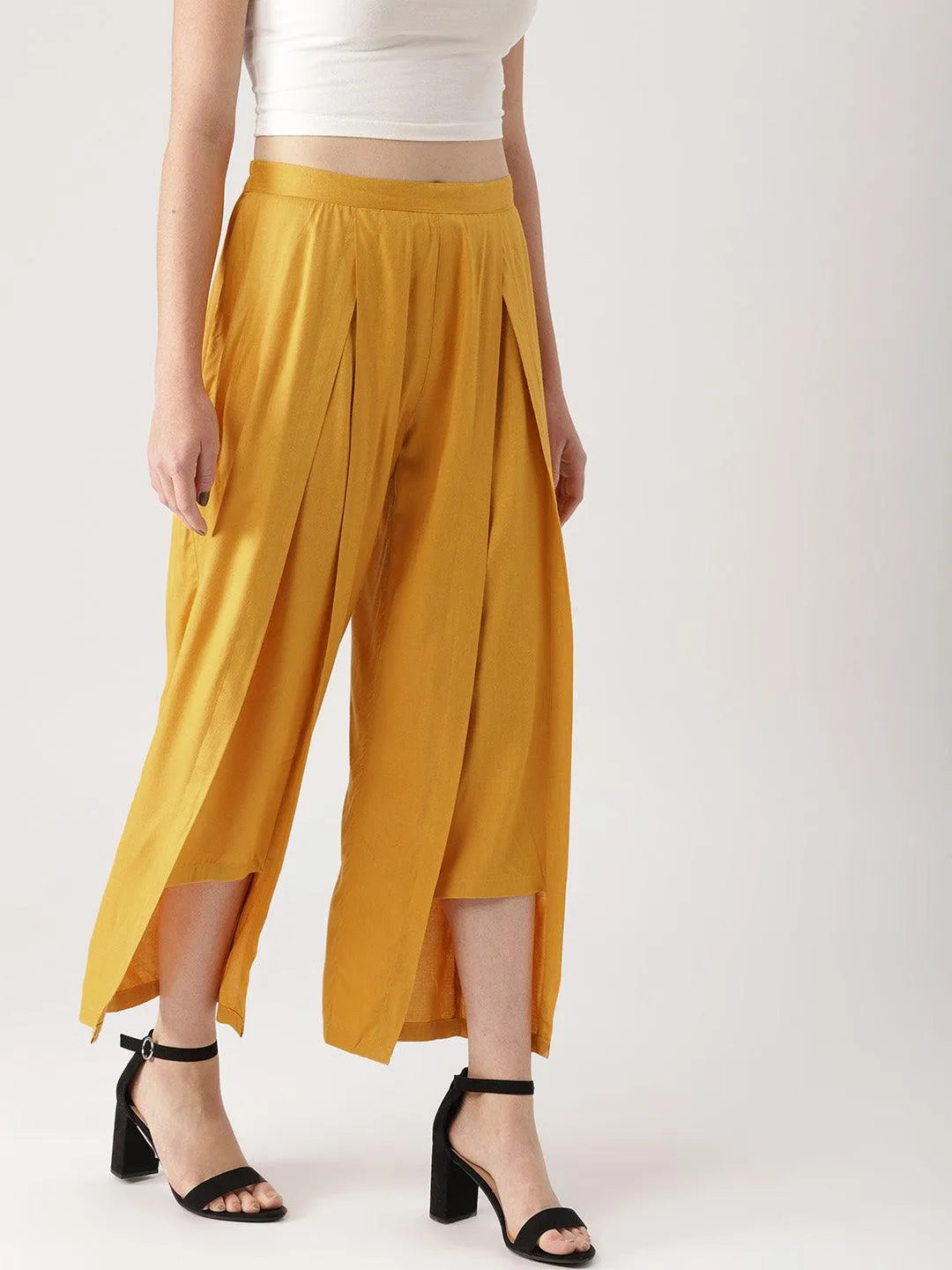 Yellow Solid Rayon Palazzos - Libas 