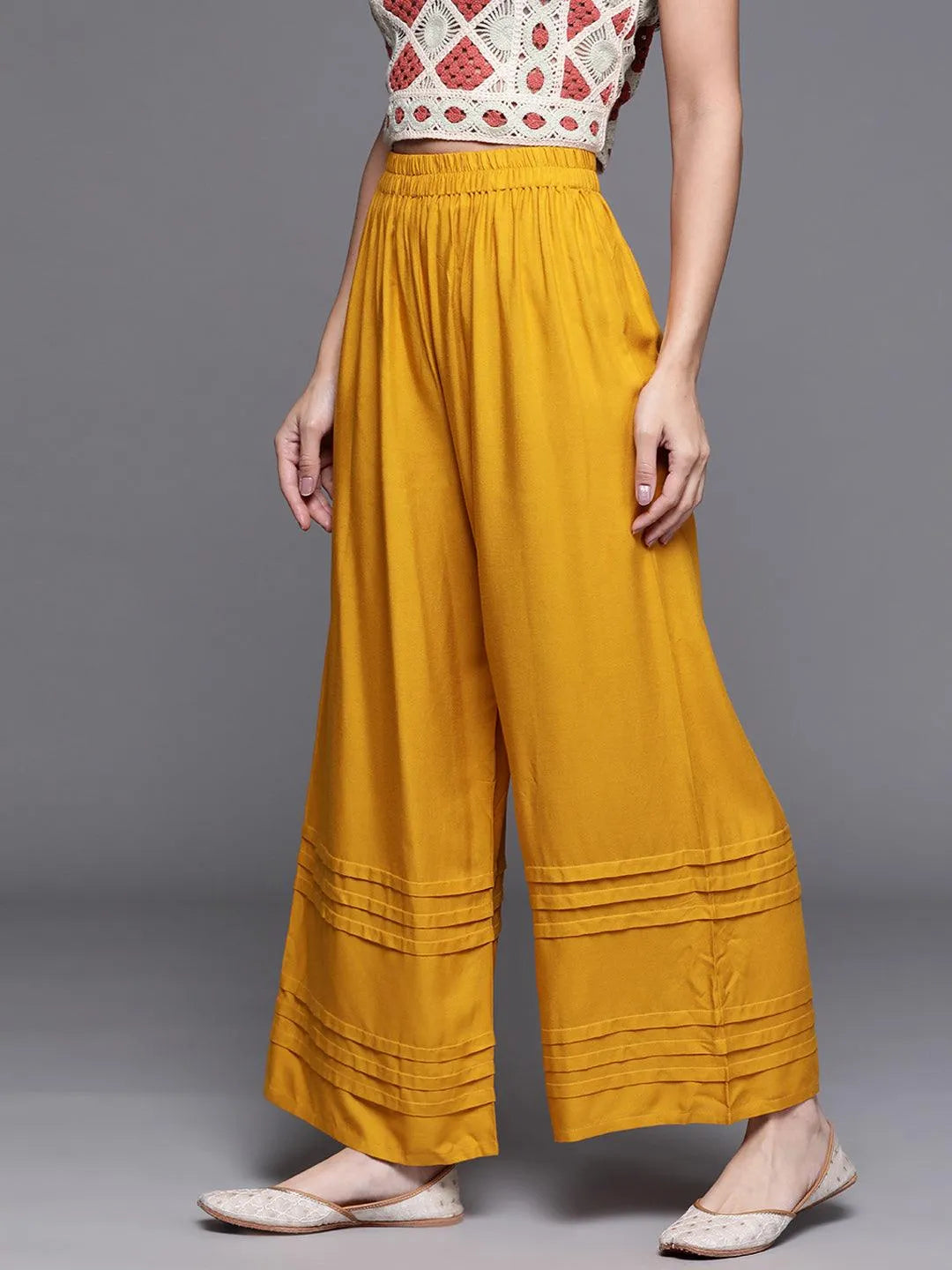 Yellow Solid Rayon Palazzos - Libas