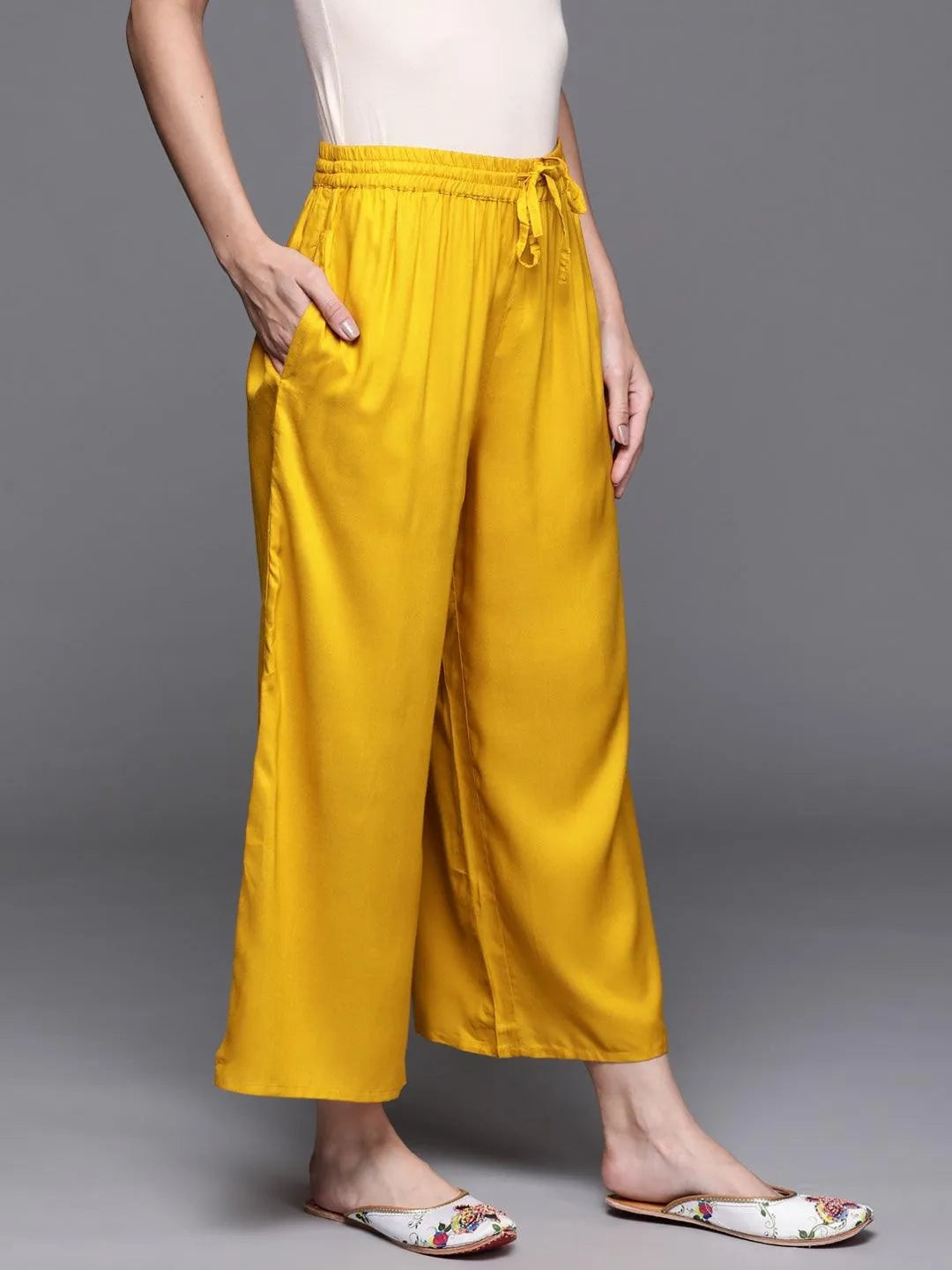 Yellow Solid Rayon Palazzos - Libas 