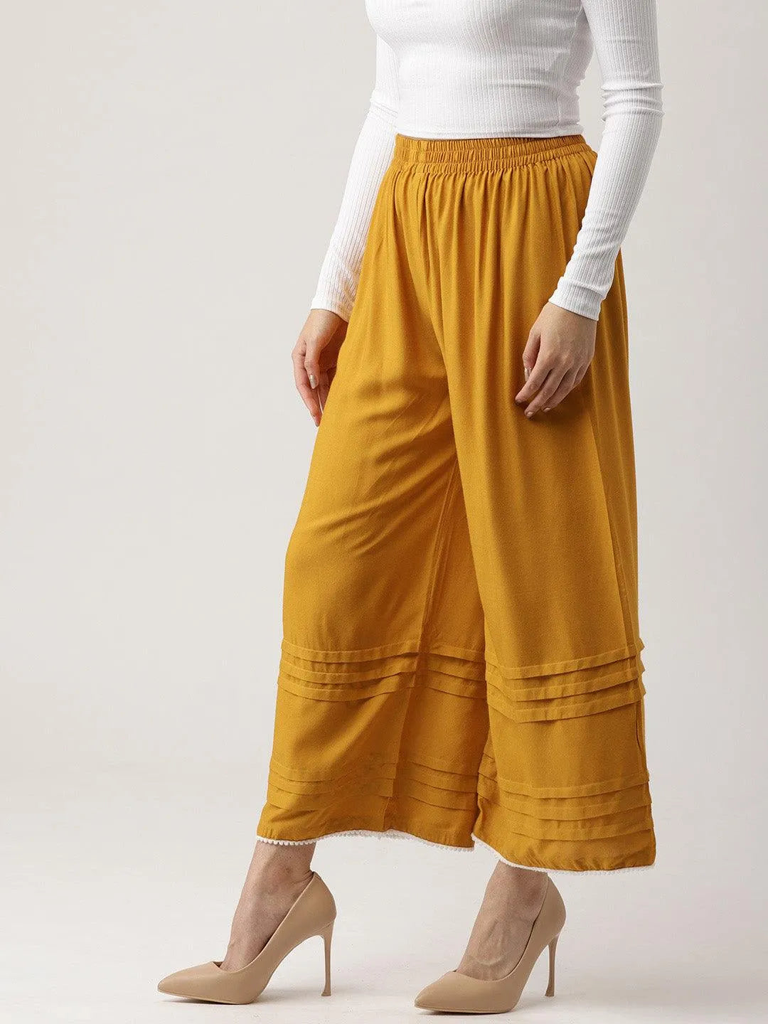 Yellow Solid Rayon Palazzos - Libas 