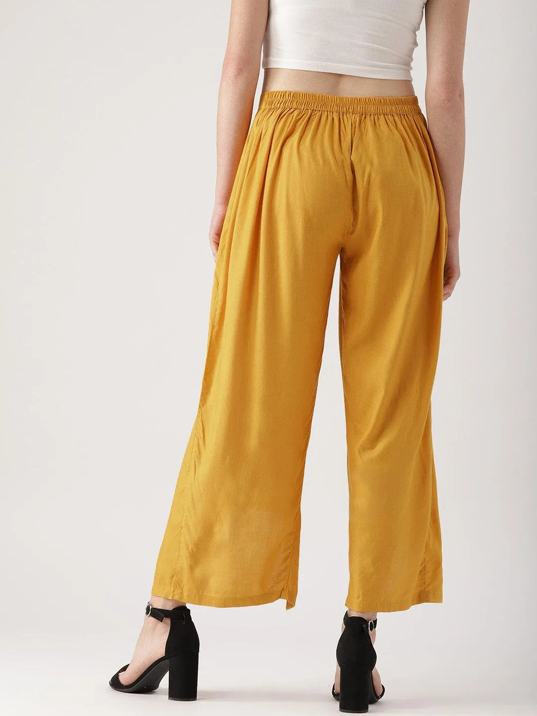 Yellow Solid Rayon Palazzos - Libas 