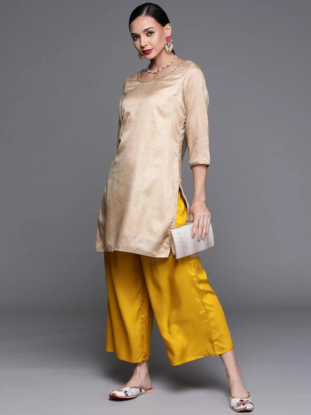 Yellow Solid Rayon Palazzos - Libas 