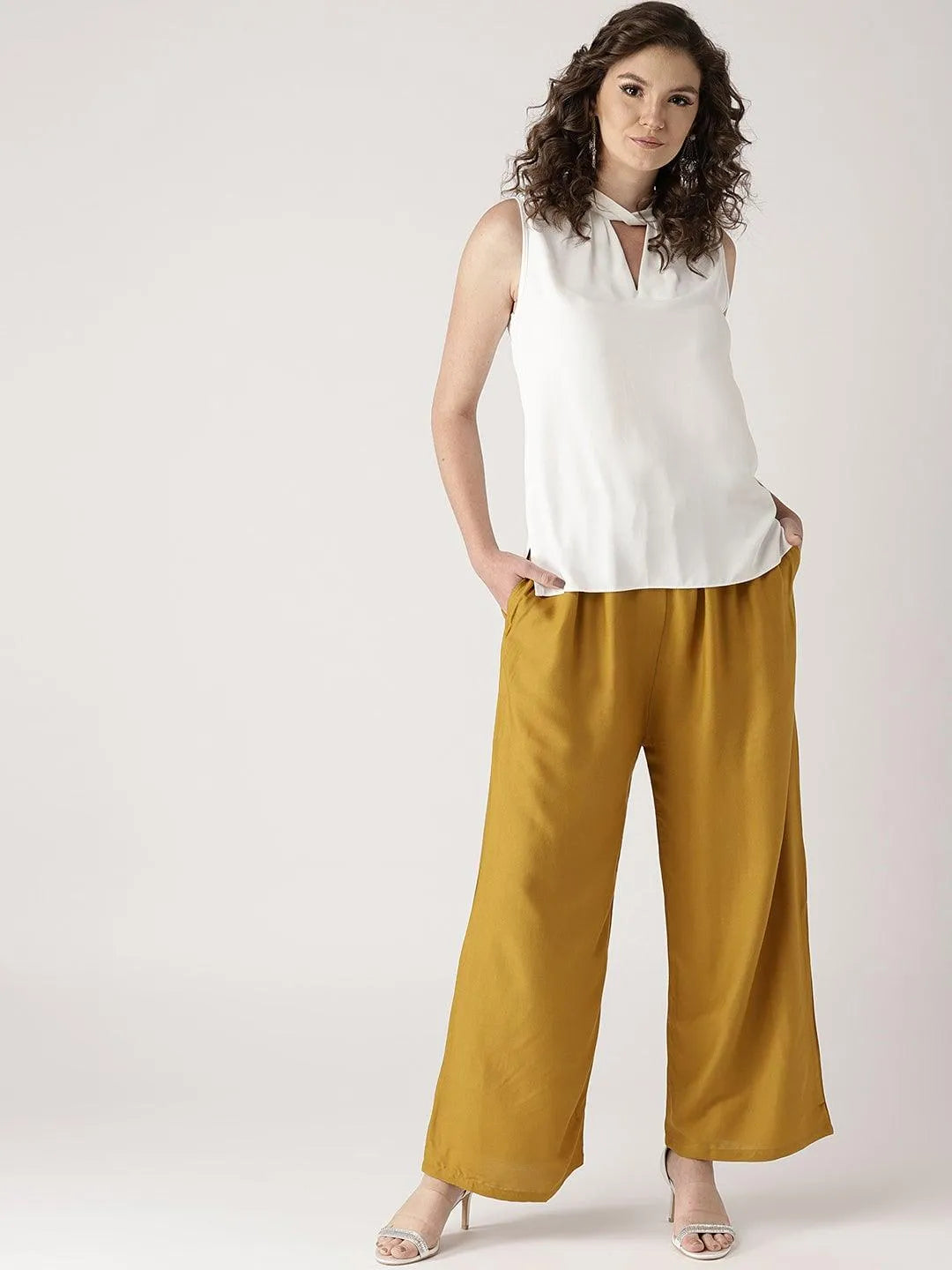 Yellow Solid Rayon Palazzos - Libas 