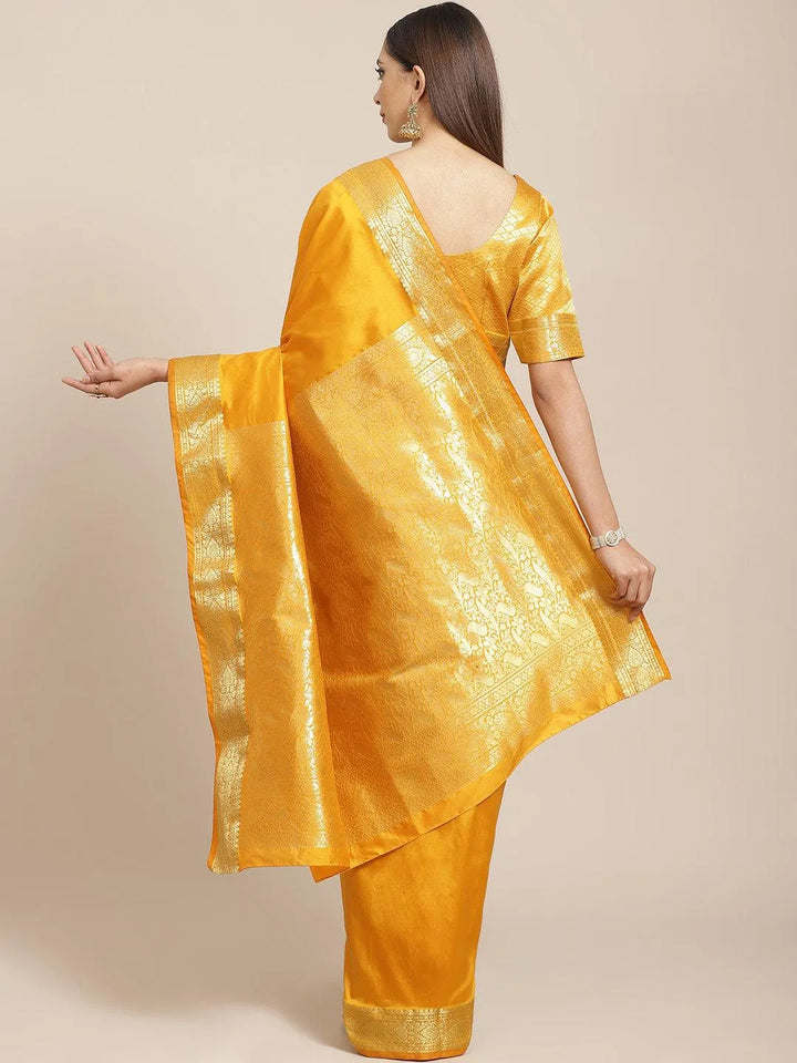 Yellow Solid Silk Blend Saree - Libas