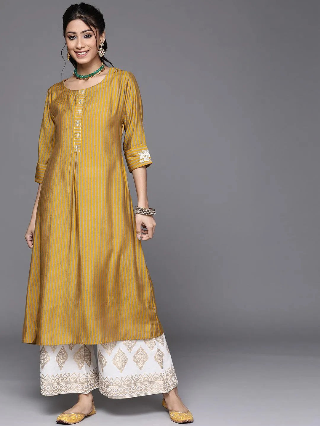 Yellow Striped Chanderi Silk Kurta - Libas