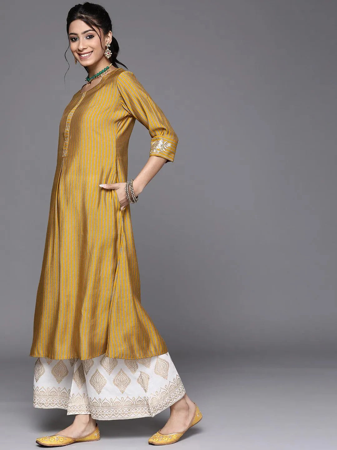 Yellow Striped Chanderi Silk Kurta - Libas 