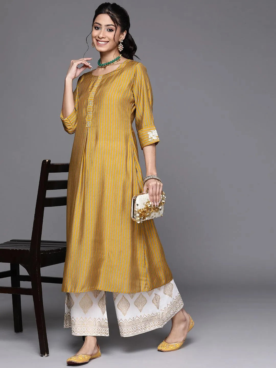 Yellow Striped Chanderi Silk Kurta - Libas 