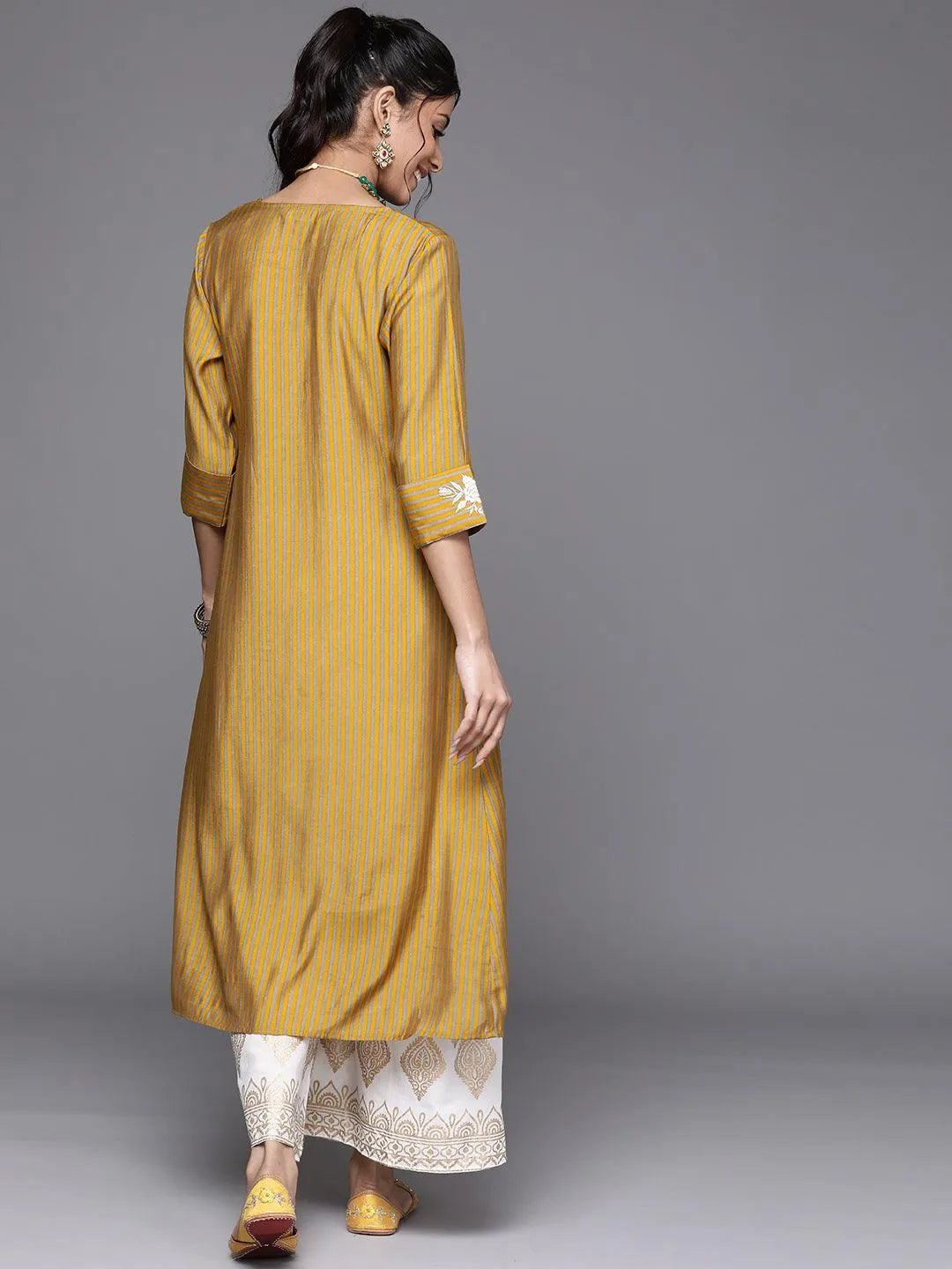 Yellow Striped Chanderi Silk Kurta - Libas 