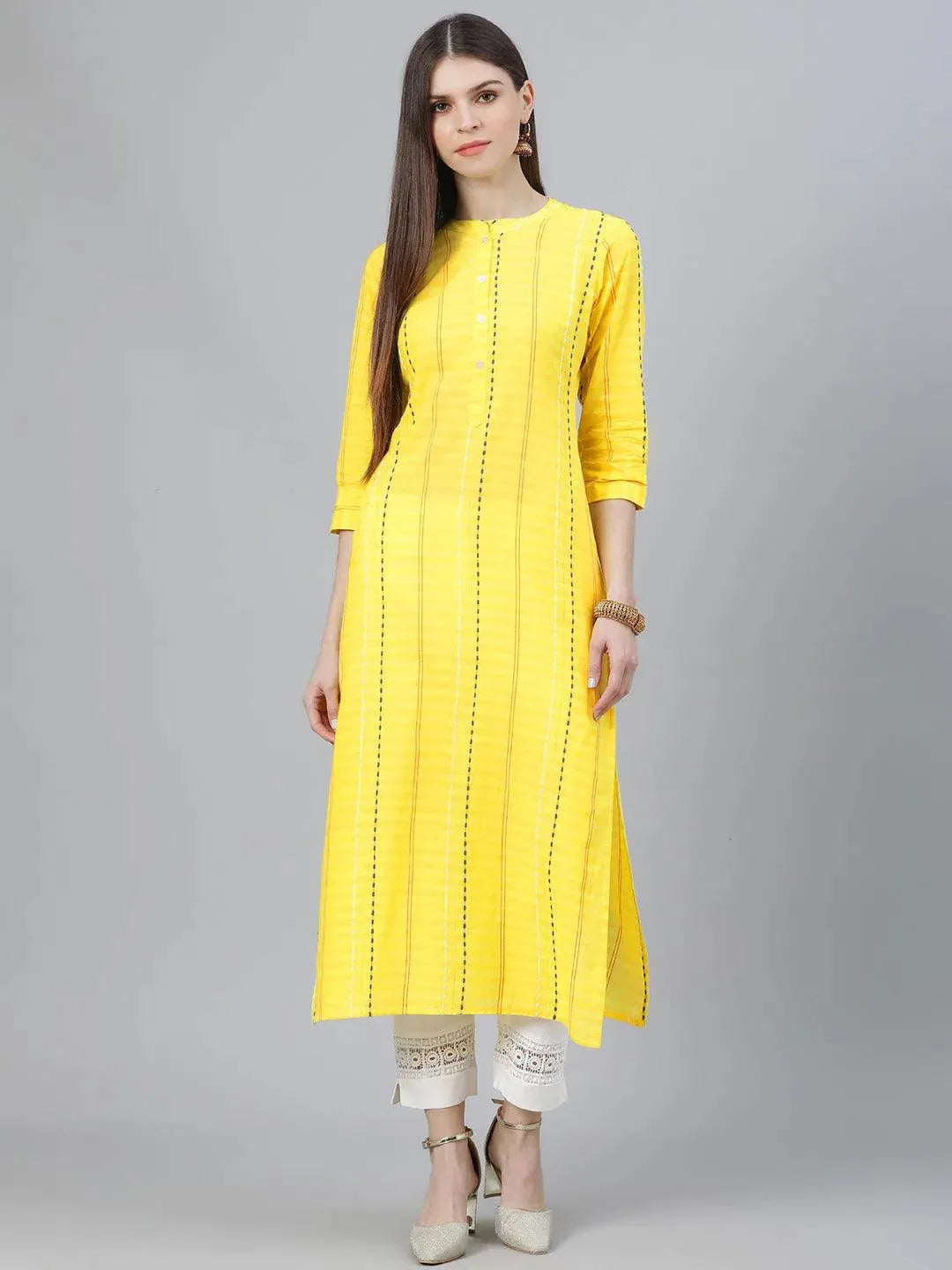 Yellow Striped Cotton Kurta - Libas