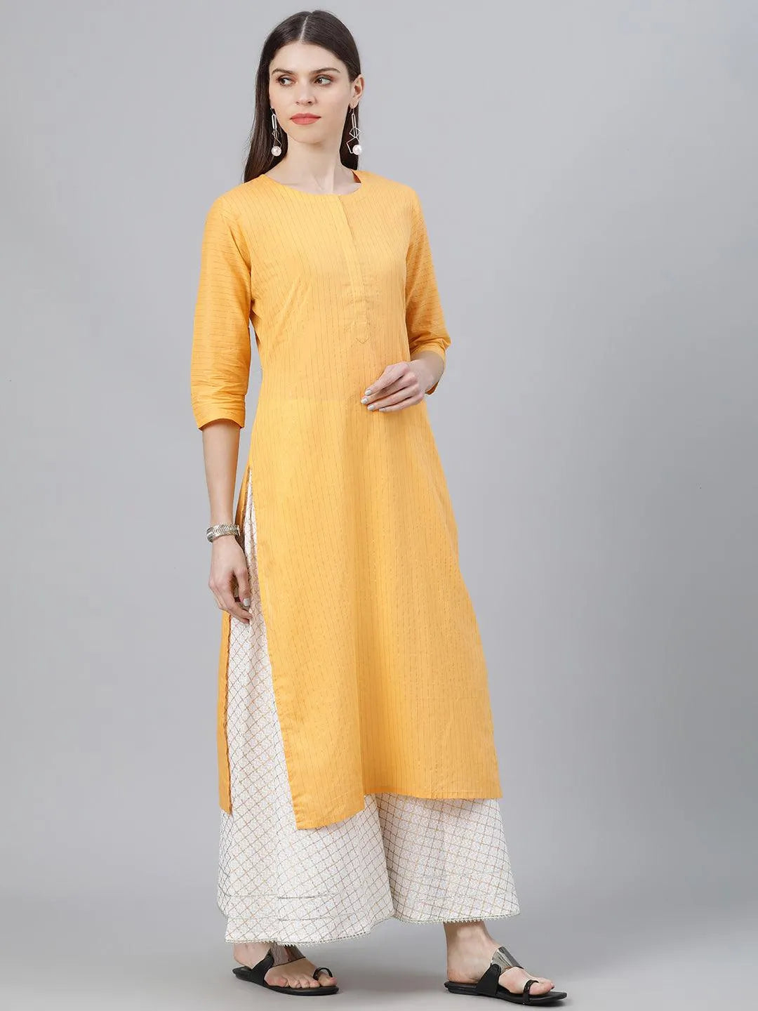 Yellow Striped Cotton Kurta - Libas