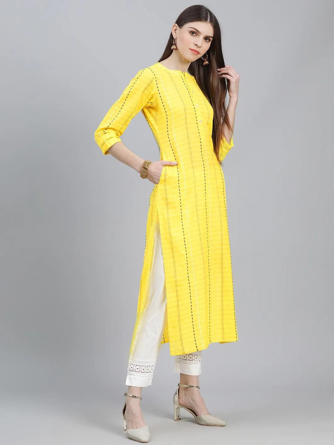 Yellow Striped Cotton Kurta - Libas