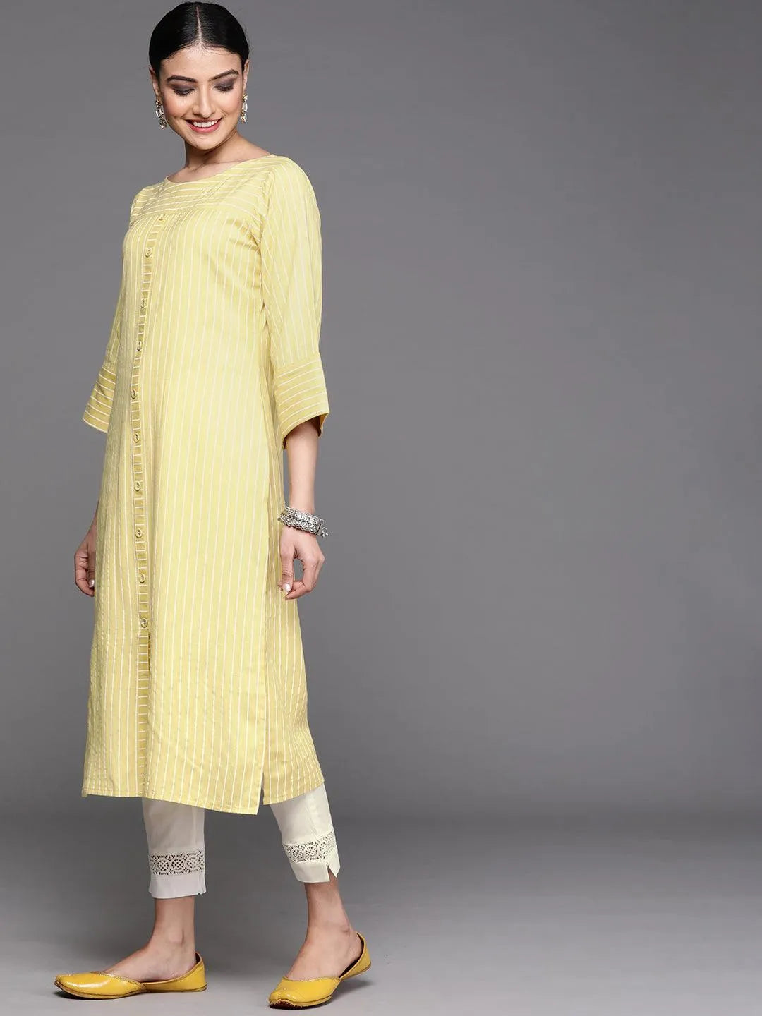 Yellow Striped Cotton Kurta - Libas