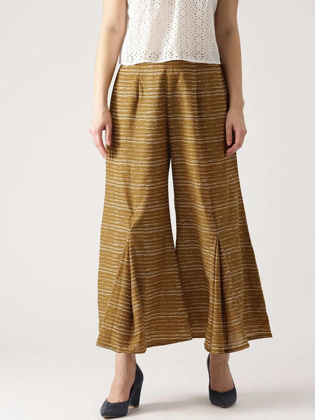 Yellow Striped Cotton Palazzos - Libas 