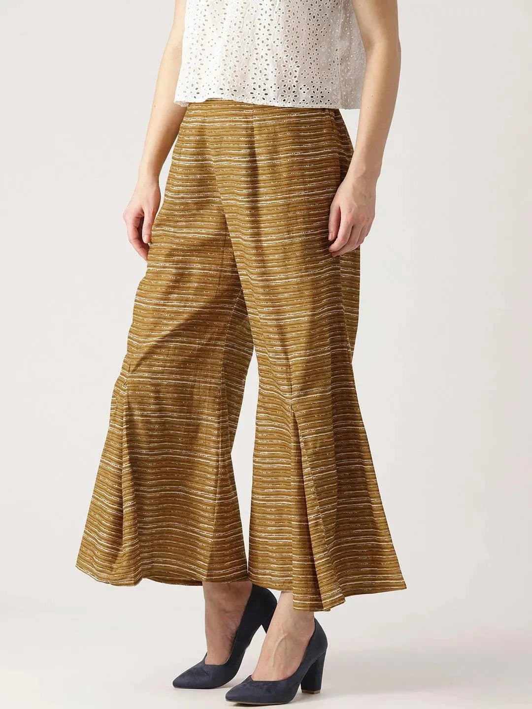 Yellow Striped Cotton Palazzos - Libas 