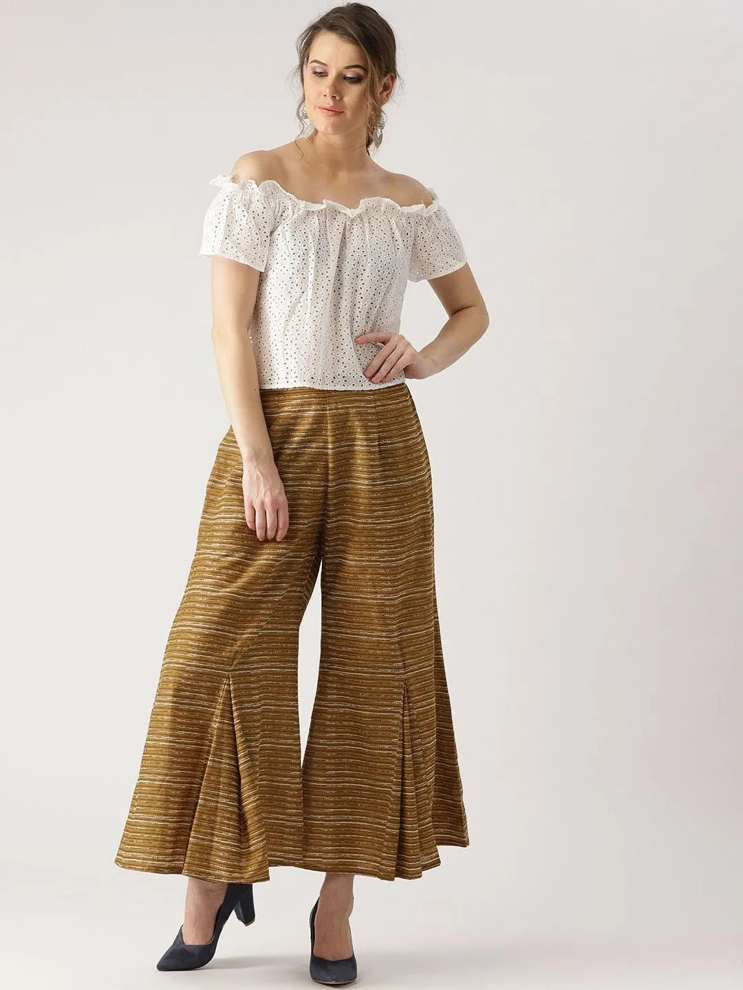 Yellow Striped Cotton Palazzos - Libas 