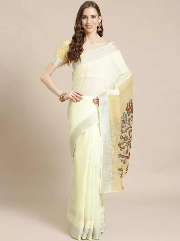 Yellow Striped Linen Saree - Libas