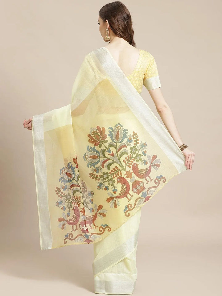 Yellow Striped Linen Saree - Libas