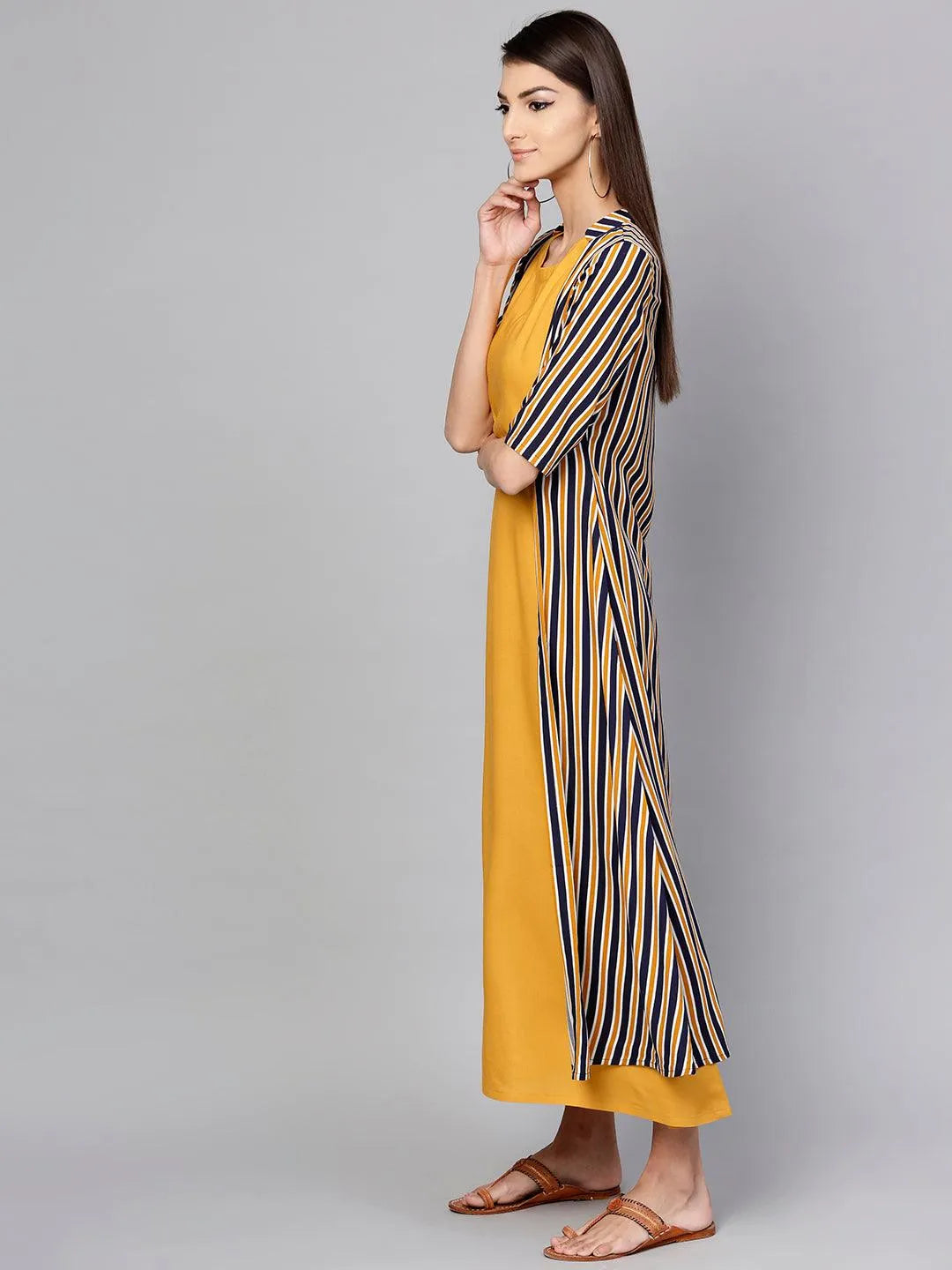 Yellow Striped Rayon Dress With Jacket - Libas 