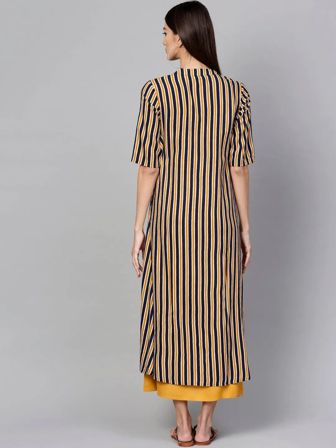 Yellow Striped Rayon Dress With Jacket - Libas 