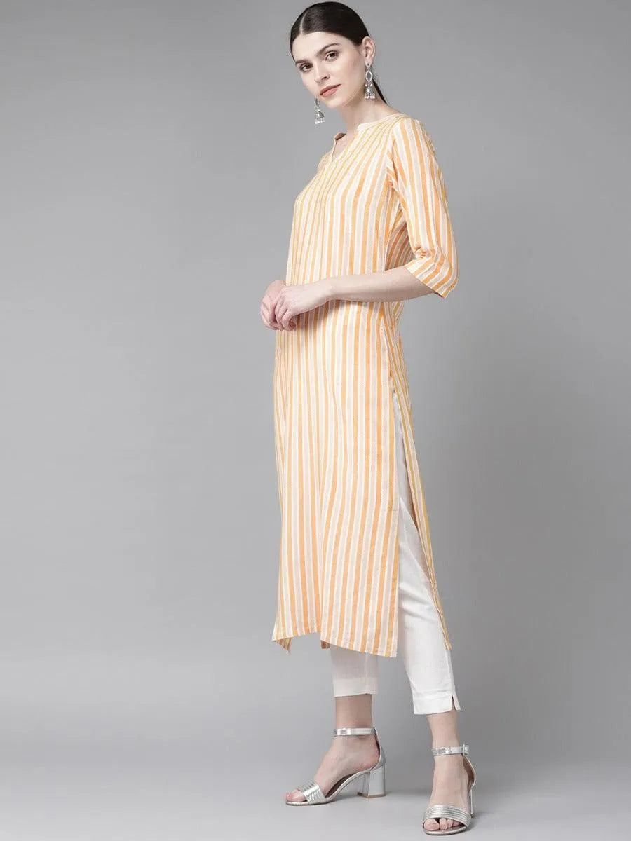 Yellow Striped Rayon Kurta - Libas