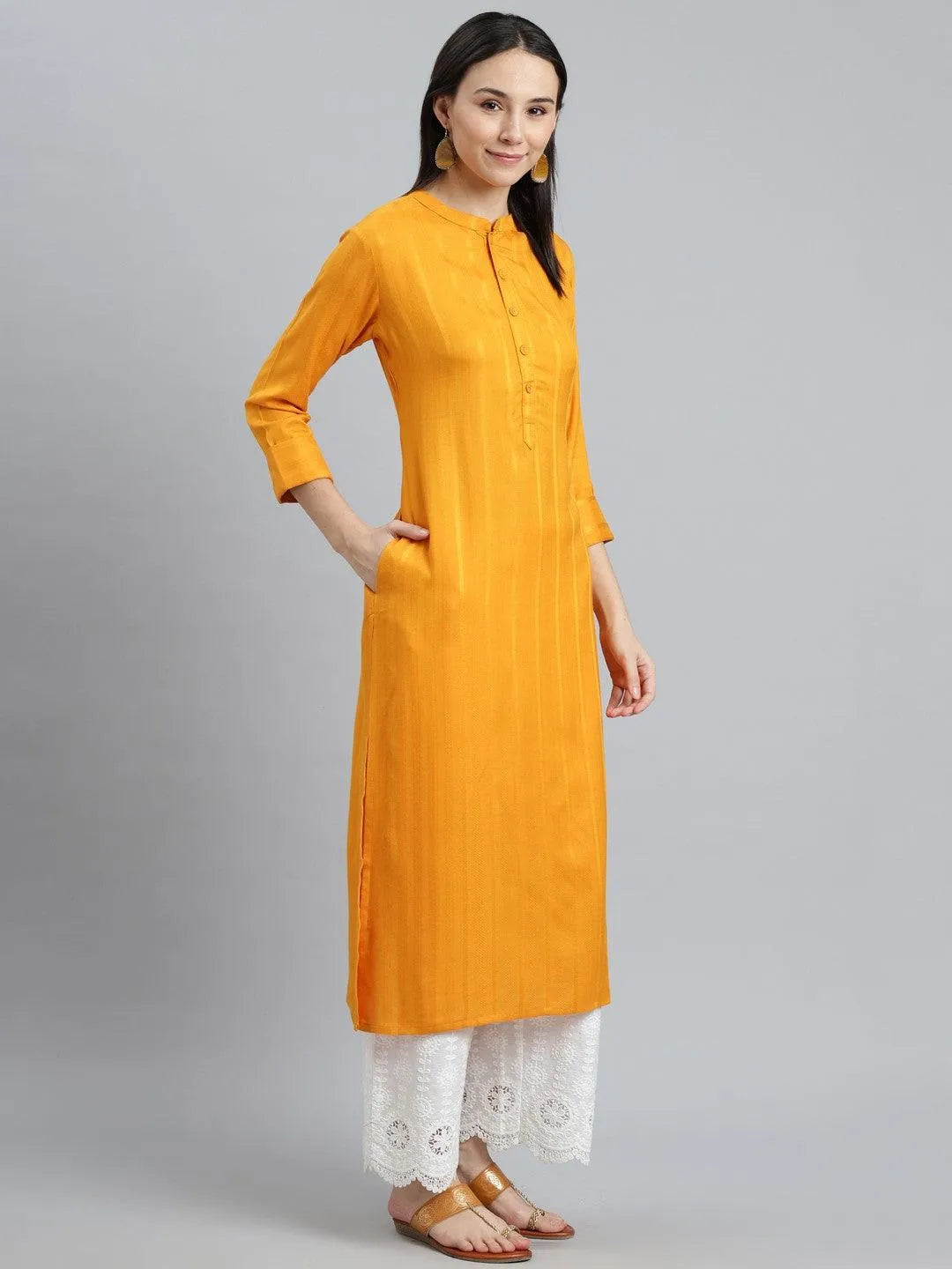 Yellow Striped Rayon Kurta - Libas