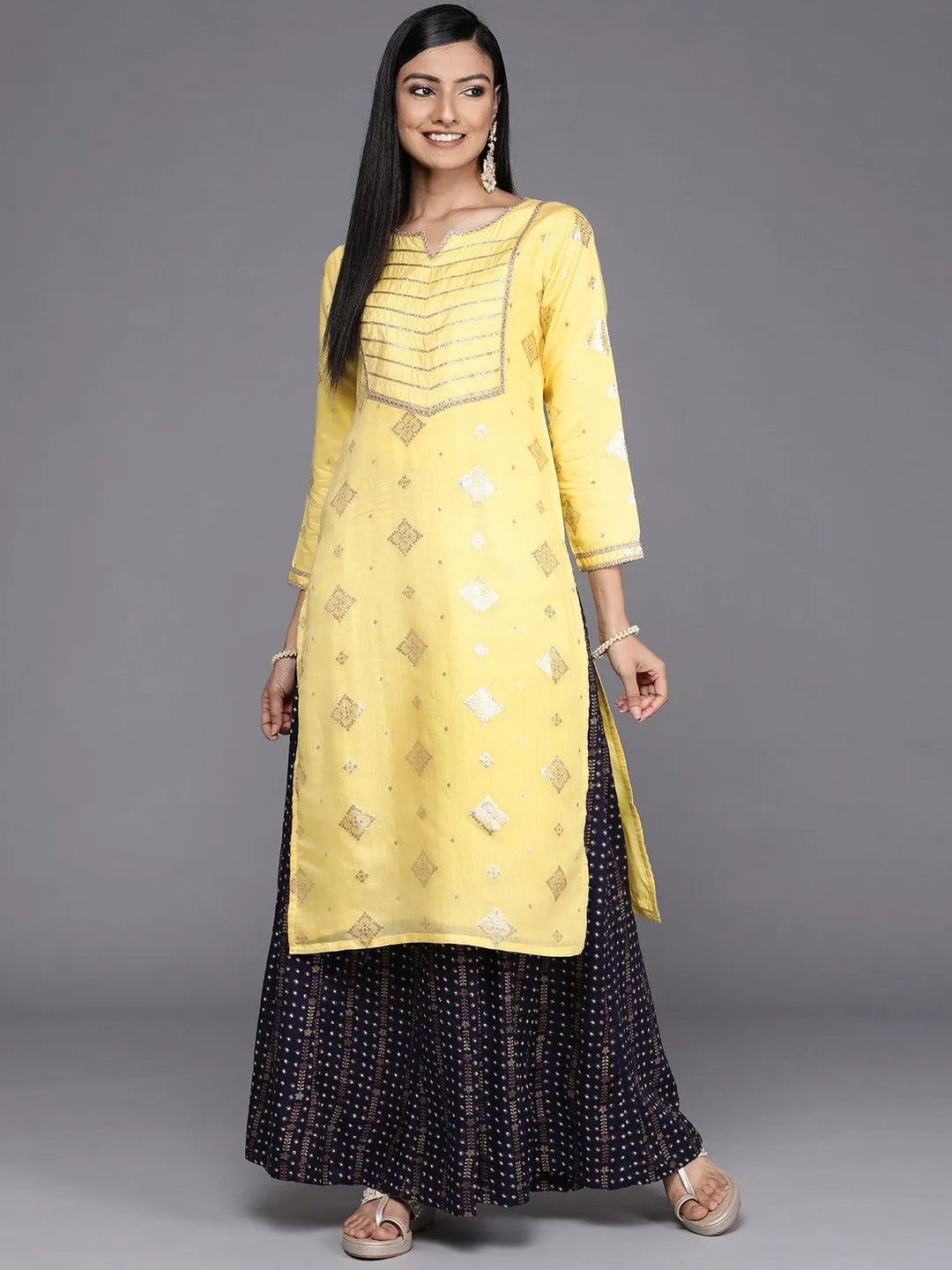 Yellow Woven Design Chanderi Silk Straight Kurta - Libas 