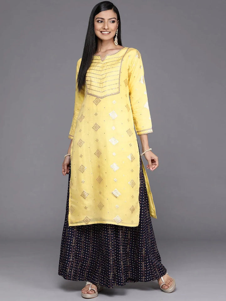 Yellow Woven Design Chanderi Silk Straight Kurta - Libas