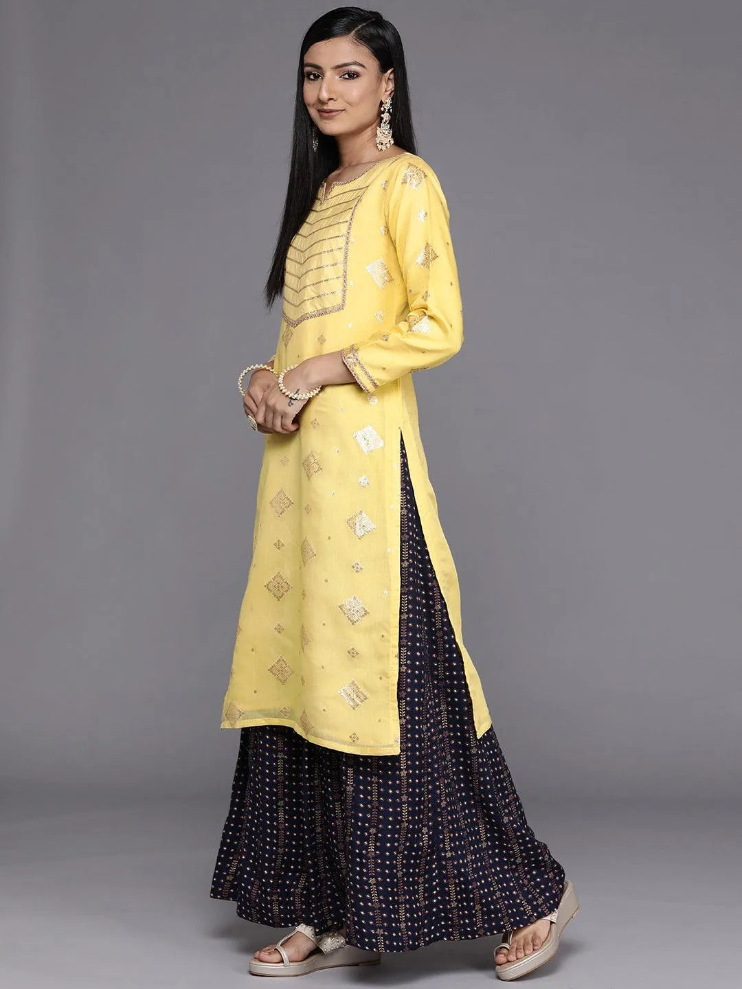 Yellow Woven Design Chanderi Silk Straight Kurta - Libas 