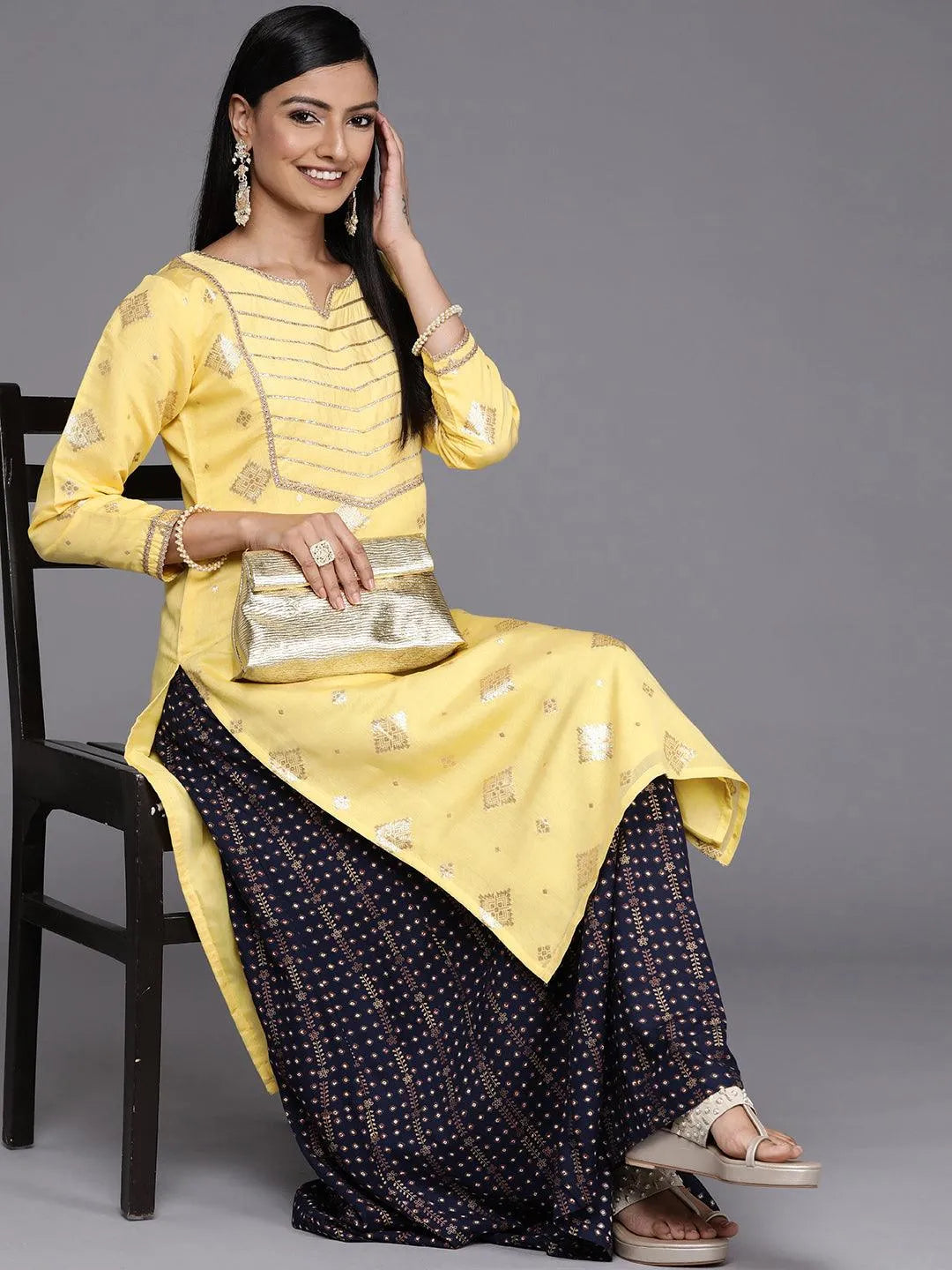 Yellow Woven Design Chanderi Silk Straight Kurta - Libas 