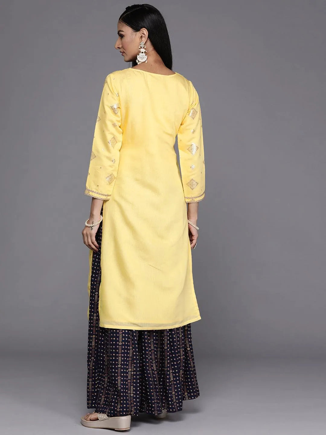 Yellow Woven Design Chanderi Silk Straight Kurta - Libas 