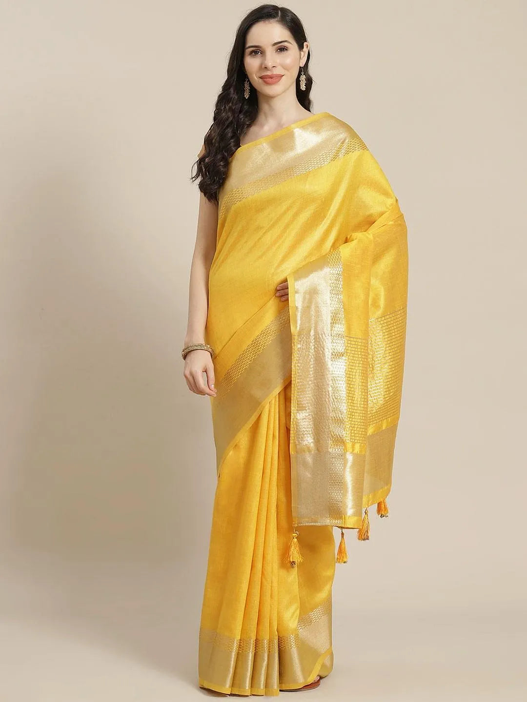 Yellow Woven Design Silk Blend Saree - Libas