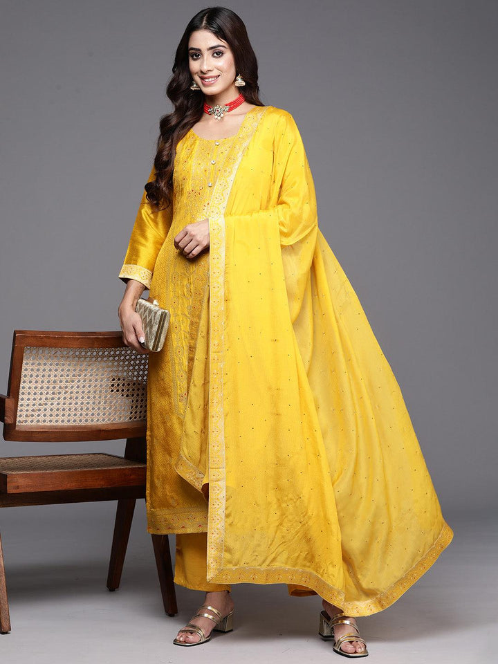 Yellow Woven Design Silk Blend Straight Kurta With Palazzos & Dupatta - Libas