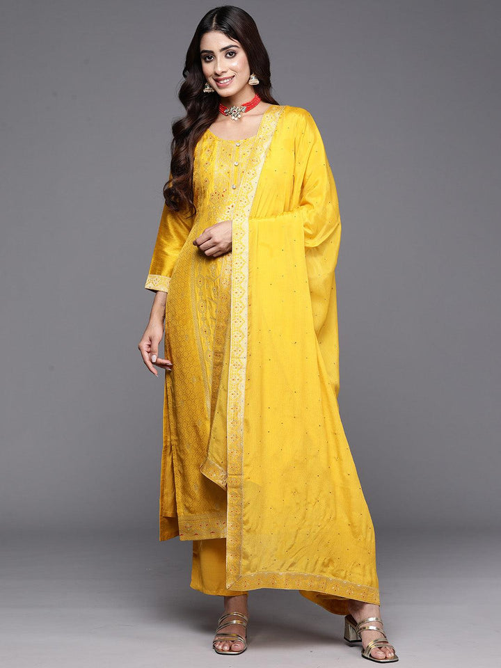 Yellow Woven Design Silk Blend Straight Kurta With Palazzos & Dupatta - Libas